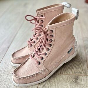 Sebago Docksides Lace-Up High-Top Canvas w Leather Boots in Blush Pink, 6.5